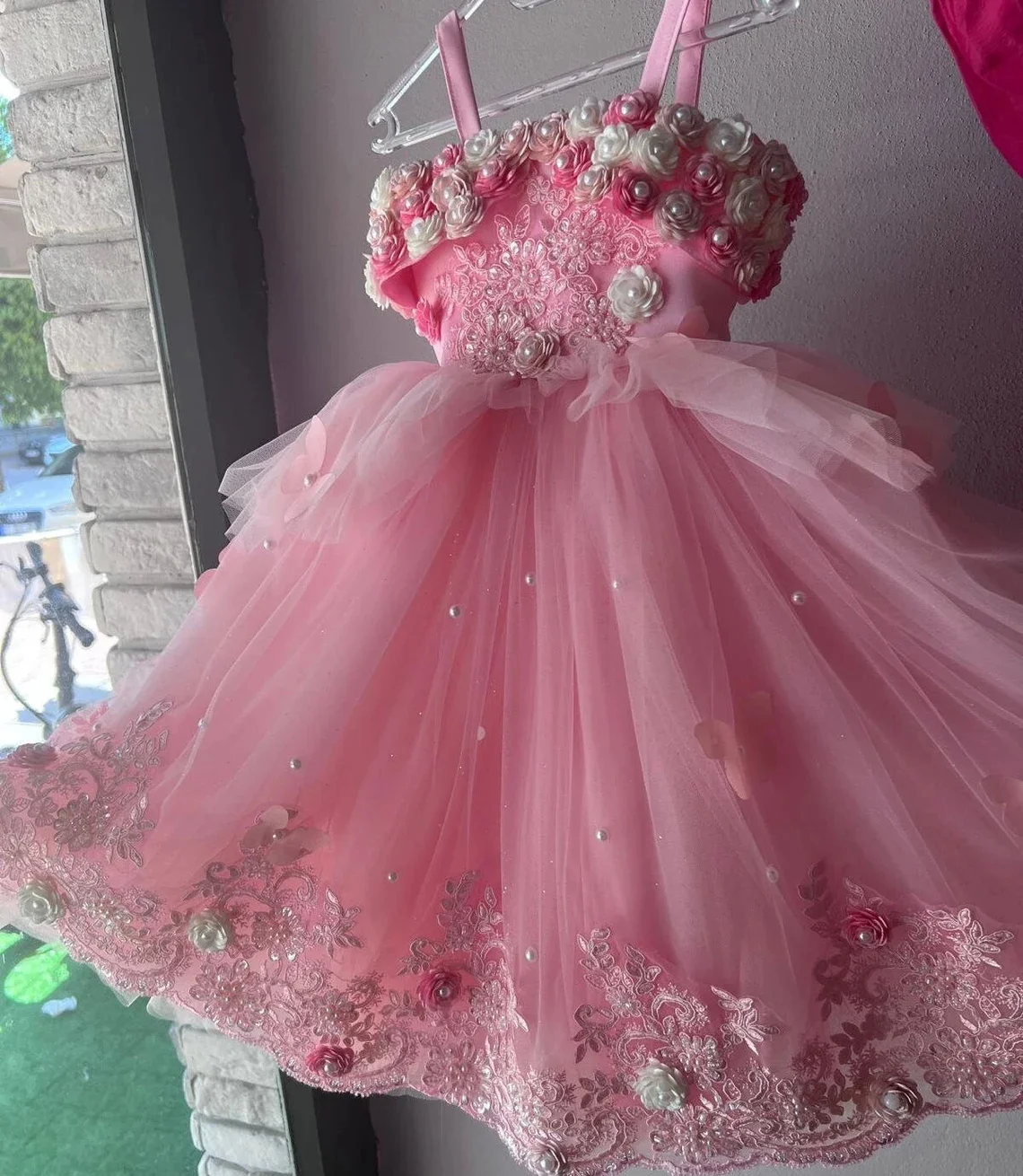 Fashion Toddler Flower Girl Dress Tulle Pearls Wedding Baby Girl Birthday Party Dress Long Off spalla Appliques Princess Dress