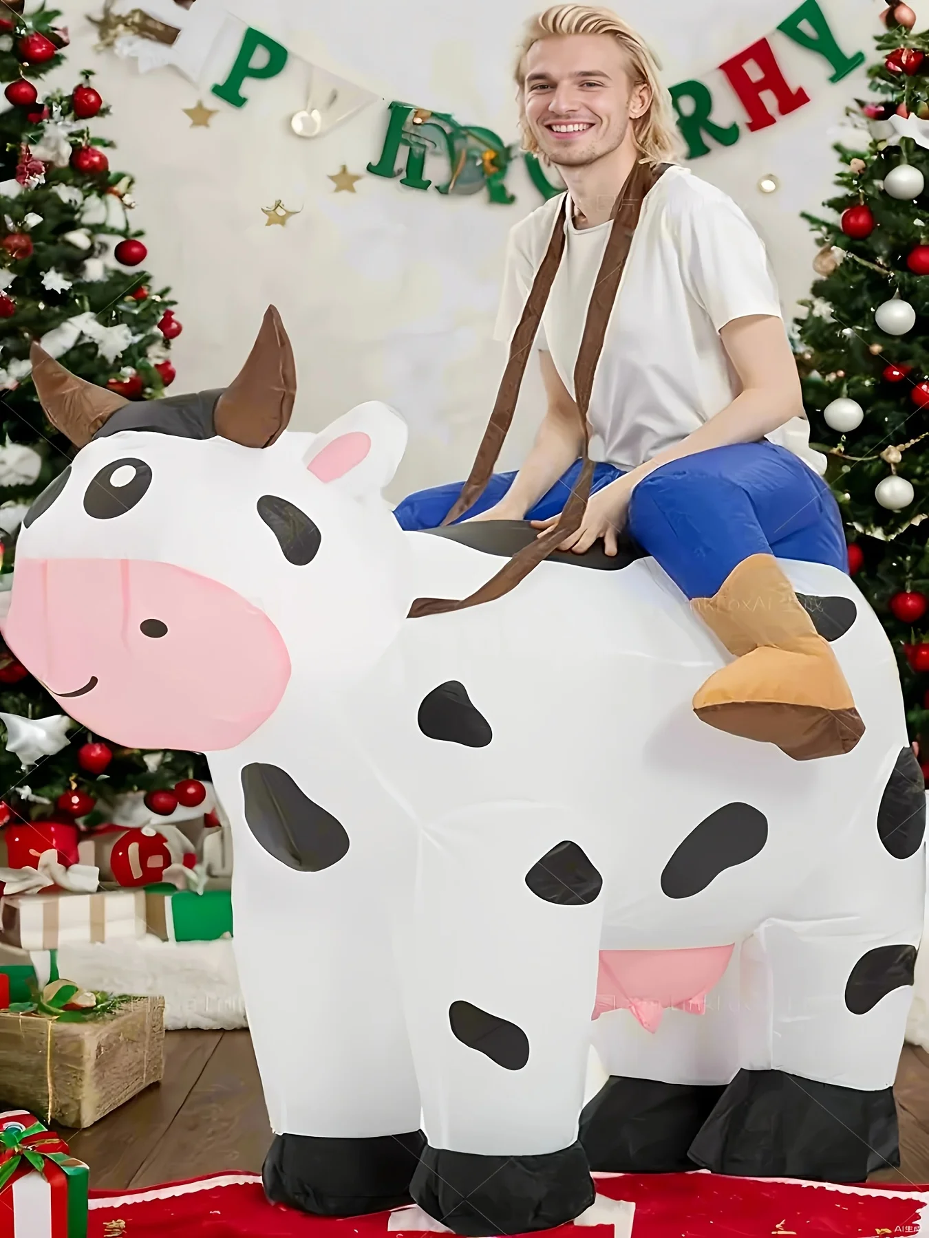 Inflatable Ride-On Cow Costume (Black & White Spotted Style) - Farm/Christmas Theme Party Outfit (Fits 150-190cm)