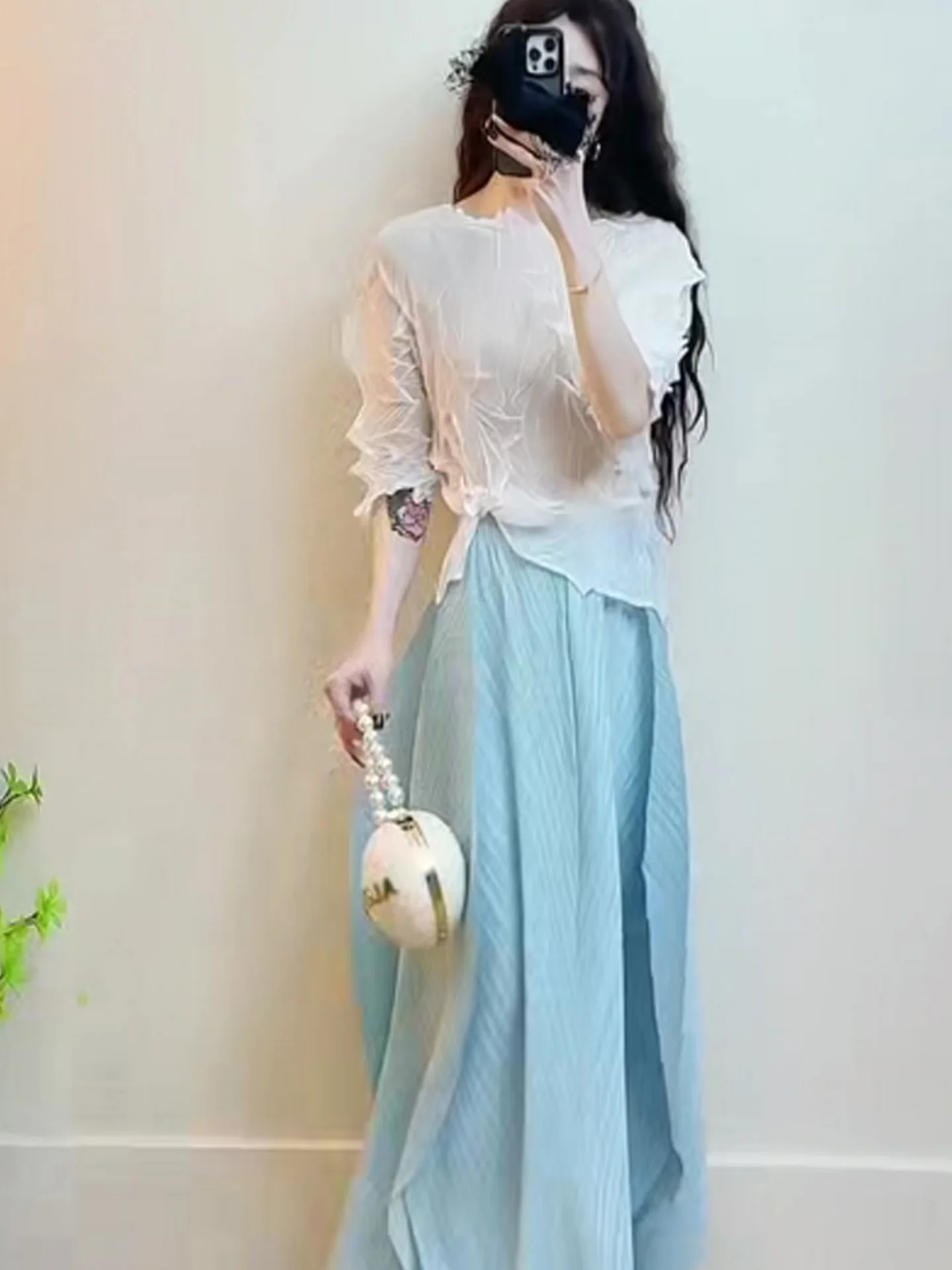 

High Waist Loose Flower Bud Skirt Set Gentle Wind Slimming Top And Bottoms High Quality Korean Style Three Zha Wind Ple...