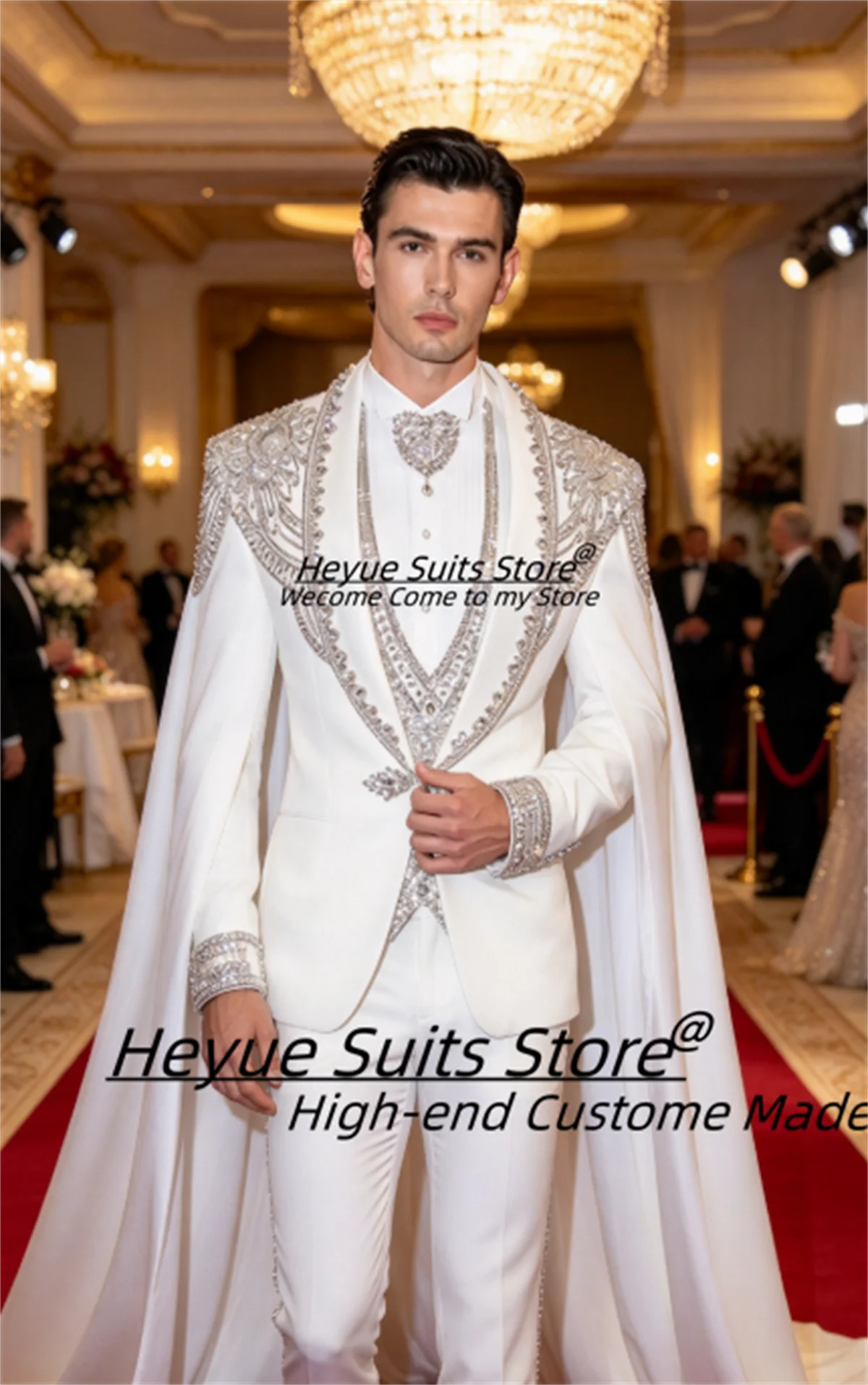 Luxury White Men Suits Customized Cape Handmade Silver Rhinestone Beaded Peak Lapel Groom Wedding Tuxedos 3 Pcs Sets Ropa Hombre