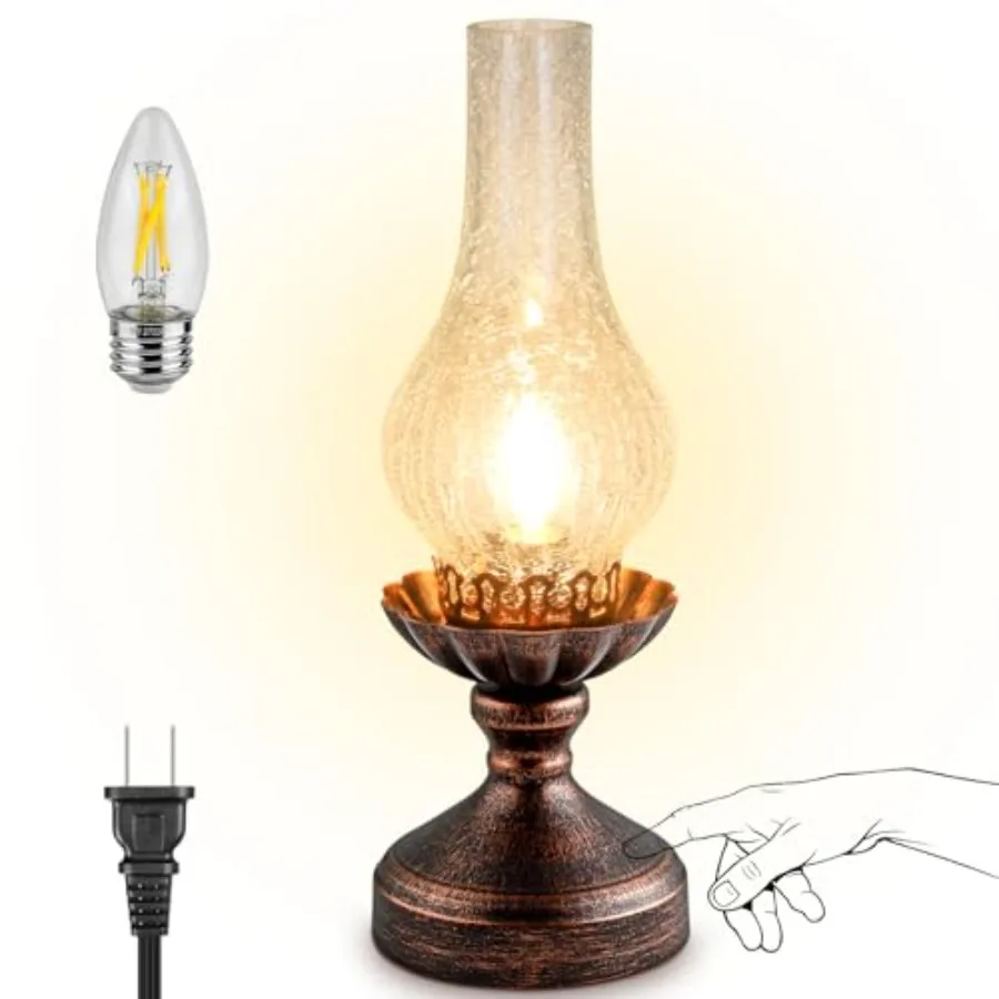 Vintage Table Lamp Touch Control and 3-Way Dimmable Rustic Retro Farmhouse Bedside Lamp with Clear Glass Shade and LED Bulb for