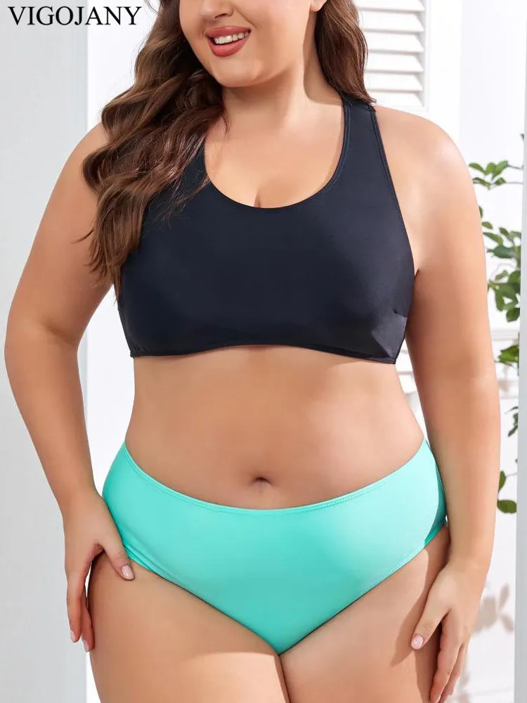 VigoJany 2025 Solid 3-częściowy kostium kąpielowy z krótkim rękawem Plus Size Push Up Bikini damskie z wysoką talią Duży kostium kąpielowy plażowy