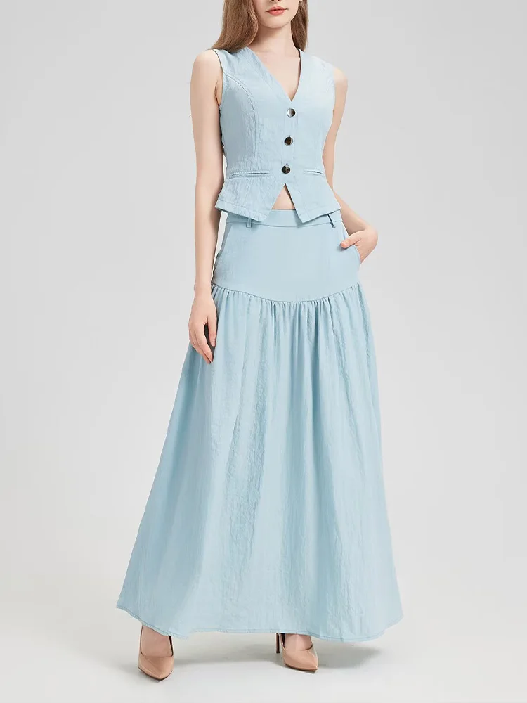 

European style new women's fashion versatile temperament simple imitation denim short vest long skirt suit