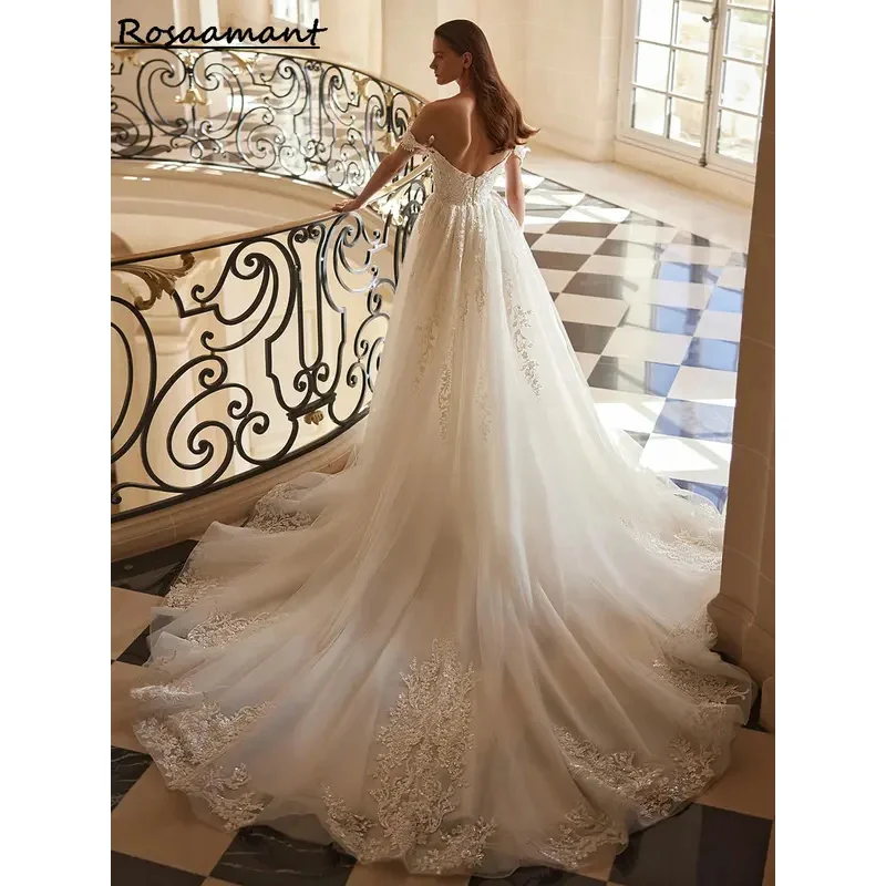 Gaun pernikahan bahu terbuka romantis gaun pengantin applique tanpa tidur gaun pengantin kustom Negara renda