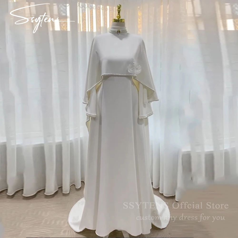 

SSYTENS Modest Muslim Wedding Dresses Bride Dress Ivory Mermaid Pearls Nikkah Cape Bridal Gowns Long Vestido De Noiva Customized