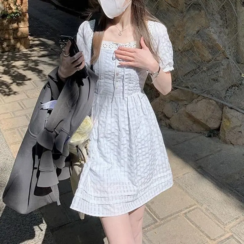 Fashion Design A-Line Mini Dress Women's Clothing Trendy Casual Short Summer New French Style Square Collar Drawstring Dresses