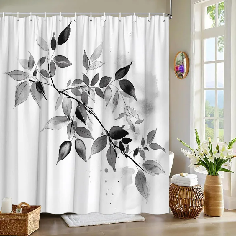 

Black and white watercolor shower curtain gray branches simple gradient design waterproof shower curtain machine washable