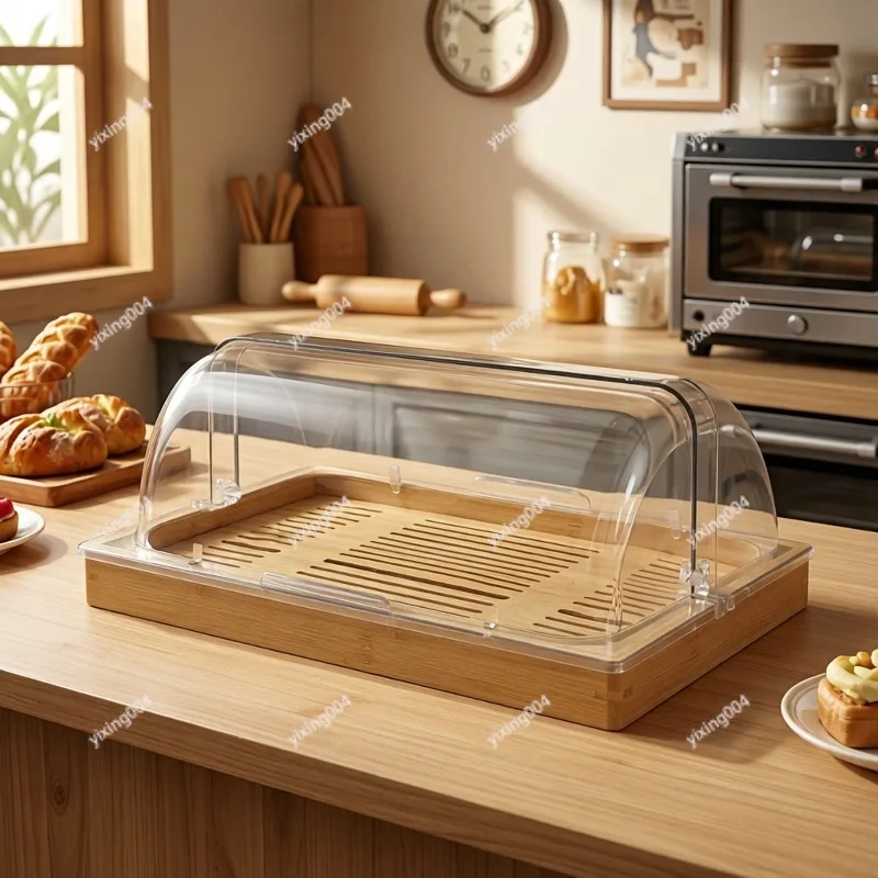 Rectangular Bamboo Serving Tray With Double Clear Lid Dust Cover For Bakery Food Storage Display
