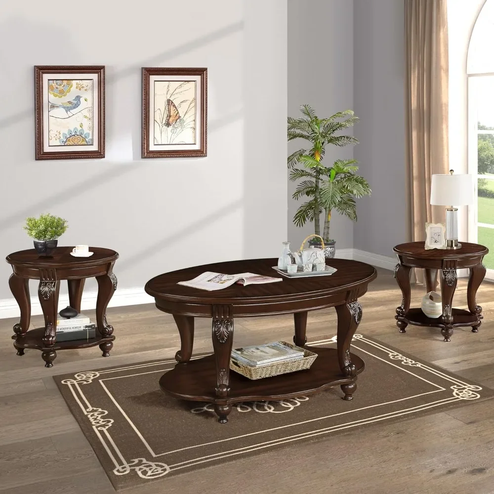 Solid Wood Coffee Table Set for Living Room, Coffee Table & 2 End Side Table 3-Piece Set with Open Storage