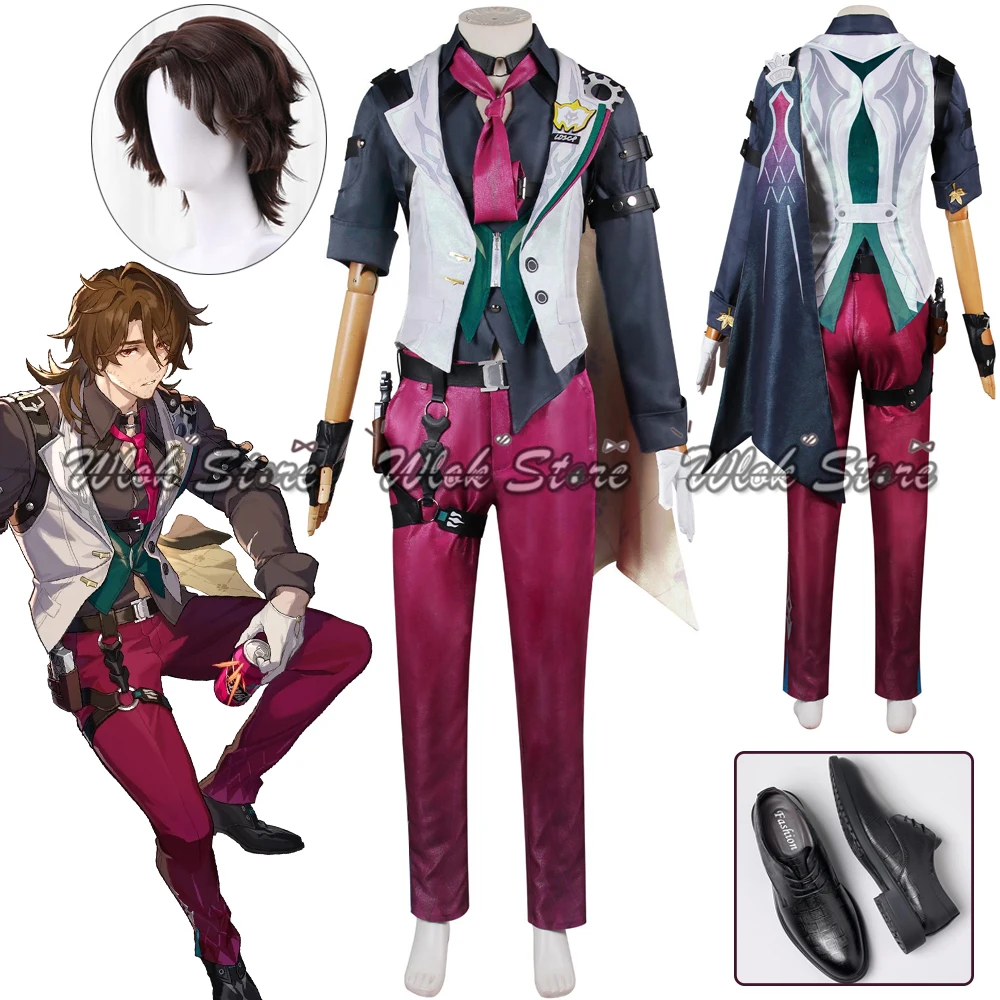 Honkai Star Rail Gallagher disfraz de Cosplay para hombres, peluca, pantalones, camisa, chaleco, corbata, trajes, fiesta de Halloween, carnaval, Roleplay, trajes, zapatos