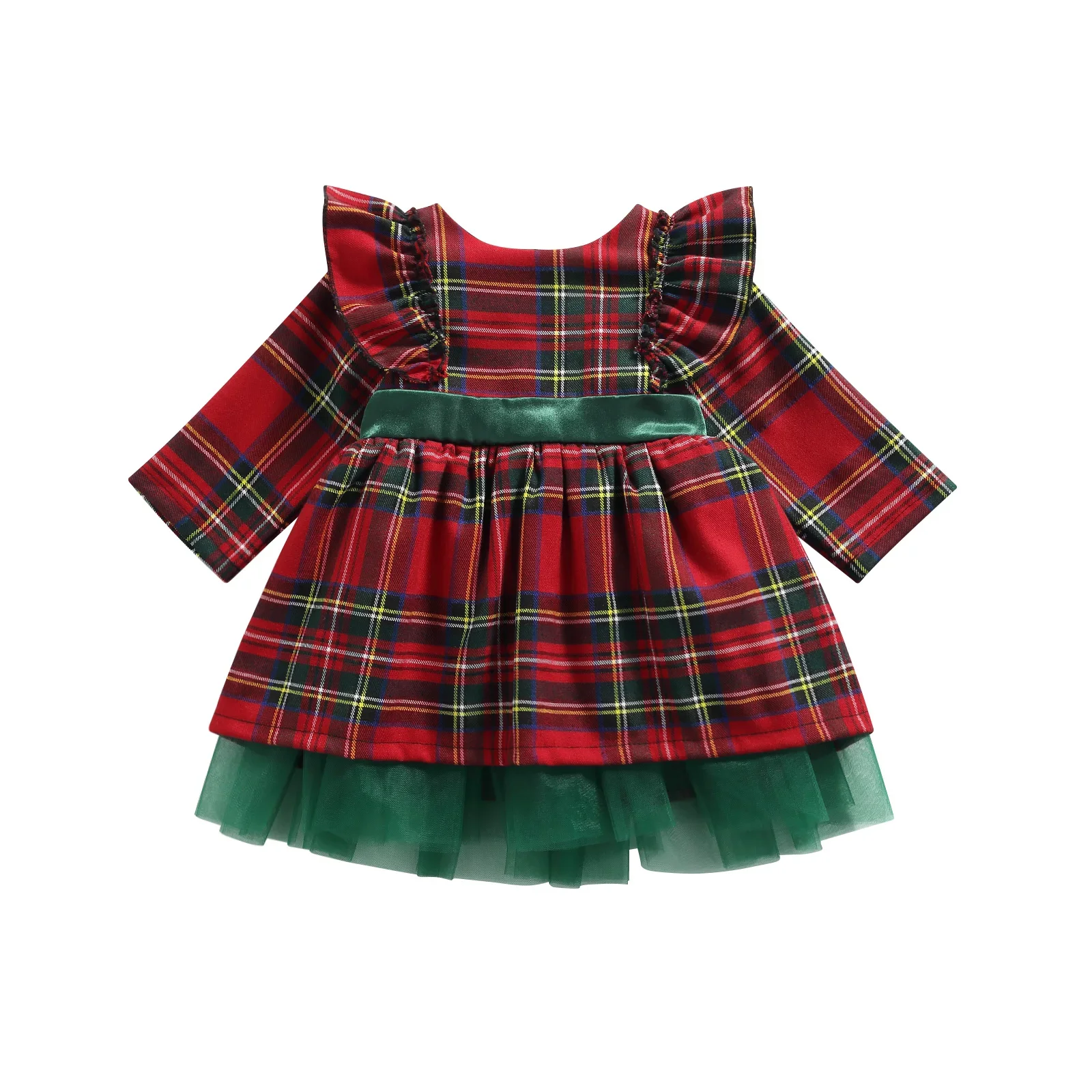 Newborn Christmas Dress Baby Girls Plaid Fly Sleeve Round Neck Mesh Patchwork