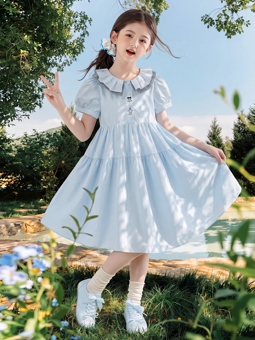 abito-camicia-con-colletto-a-bambola-stile-preppy-per-ragazze-blu-estivo-alla-moda-gonna-principessa-in-misto-cotone-poliestere-manica-corta-lunghezza-midi