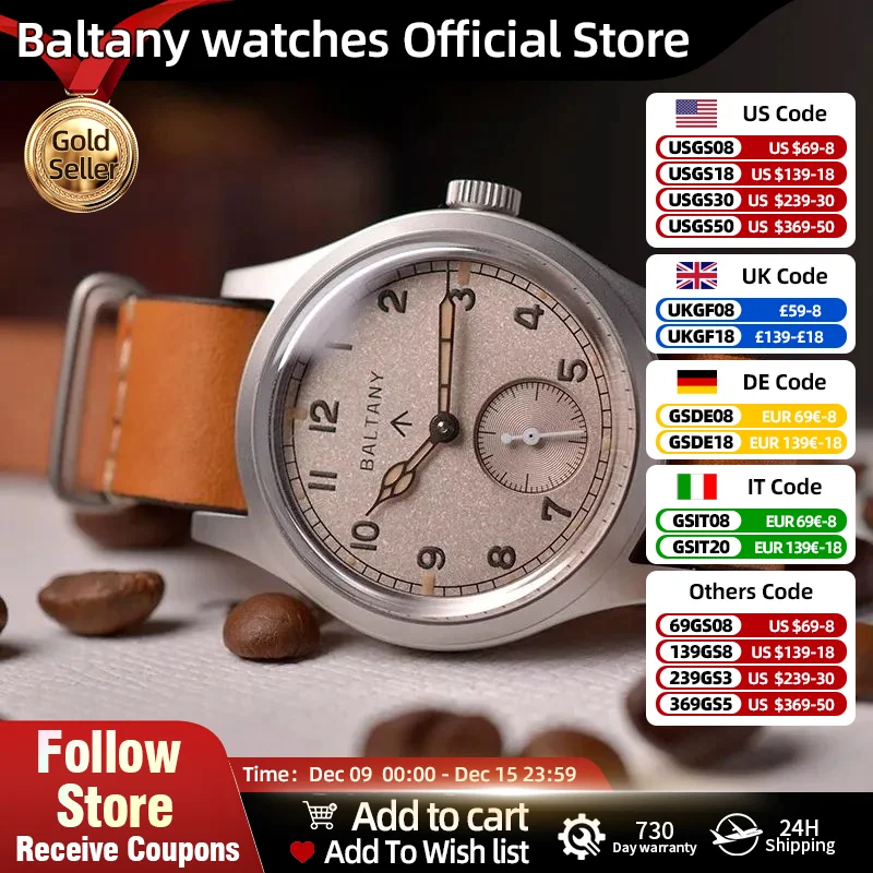 Baltany Vintage Mens Watch S2025 36MM White Sub Dial Stainless Steel Case Super Luminous 100M Waterproof Field Automatic Watch