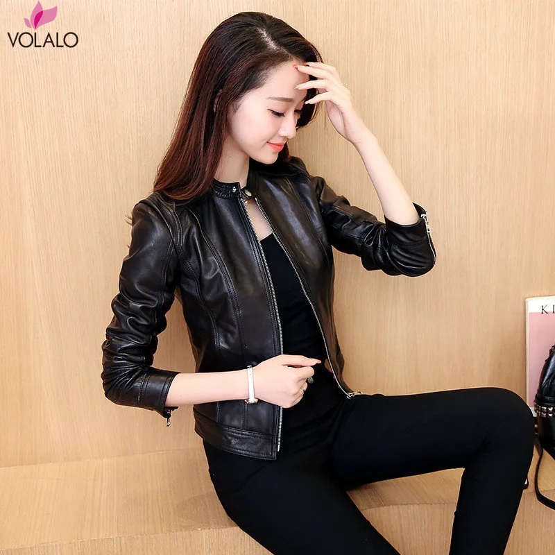 VOLALO 2024 Spring Autumn Women PU Short Jackets Motorcycle Leather Jacket Solid Casual Coat Streetwear