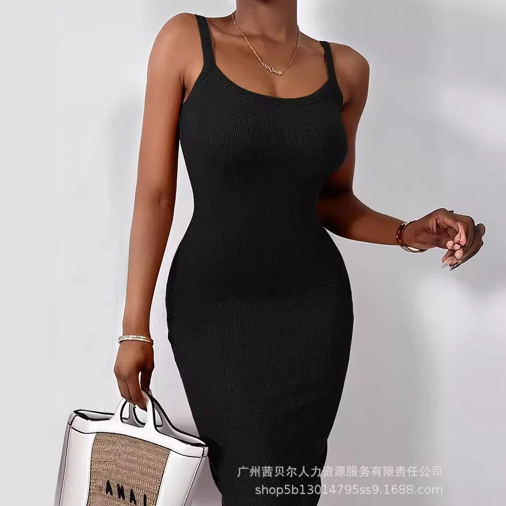 Women's Sling Slim Skinny Solid Color Long Dress Sleeveless Fashion Sexy Ankle Length Dress