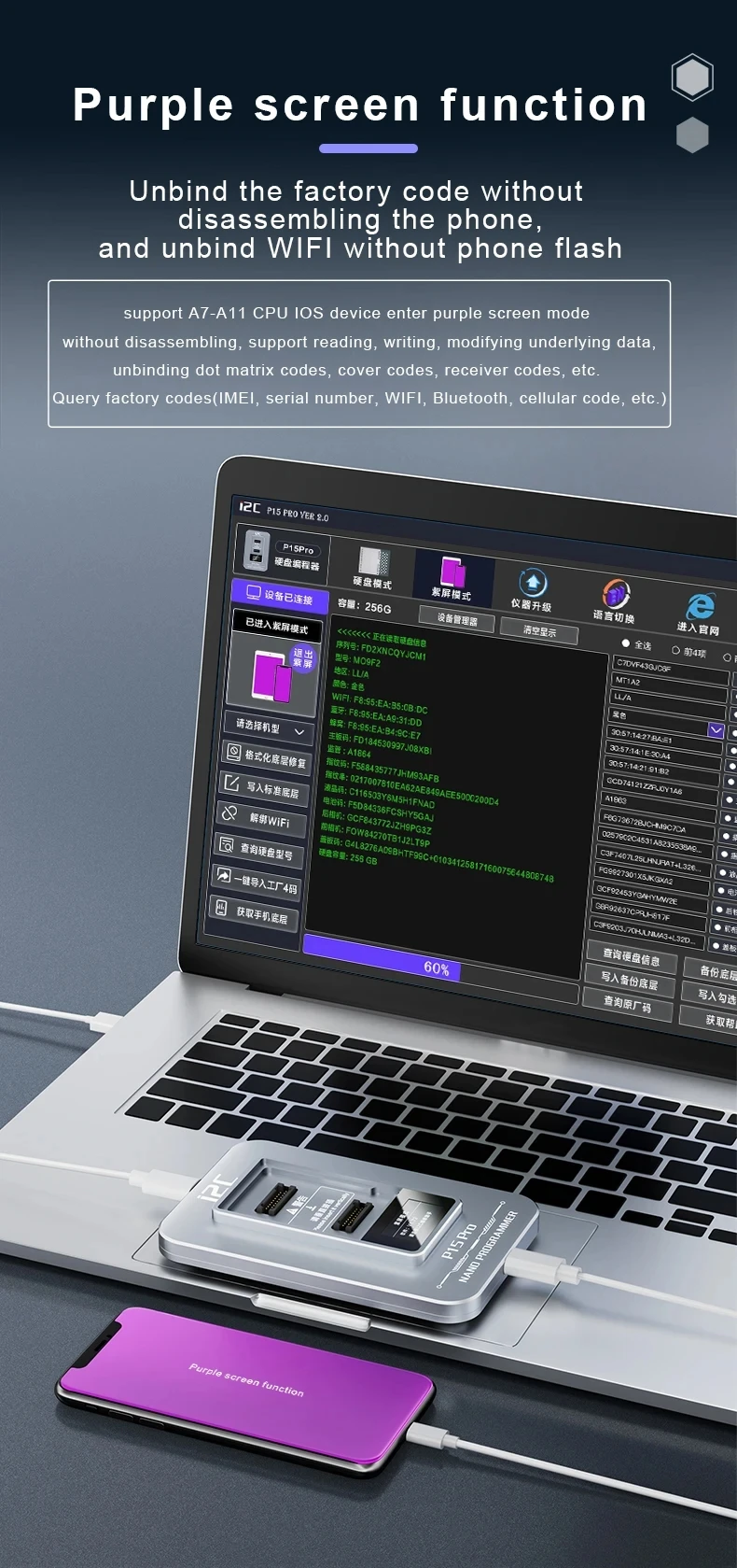 

Программатор Nand I2C P15 Pro поддерживает формат Nand BGA60/70/110/315, чтение и запись фиолетового экрана одним щелчком мыши, Wi-Fi, разbind для iPhone ipad