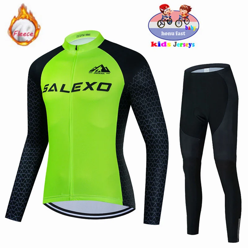 2023 Winter Kids Cycling Jersey Sets Thermal Fleece Fashion Outdoor Riding Bike MTB Clothing Boy/Girl Long Sleeve Clothing Suit