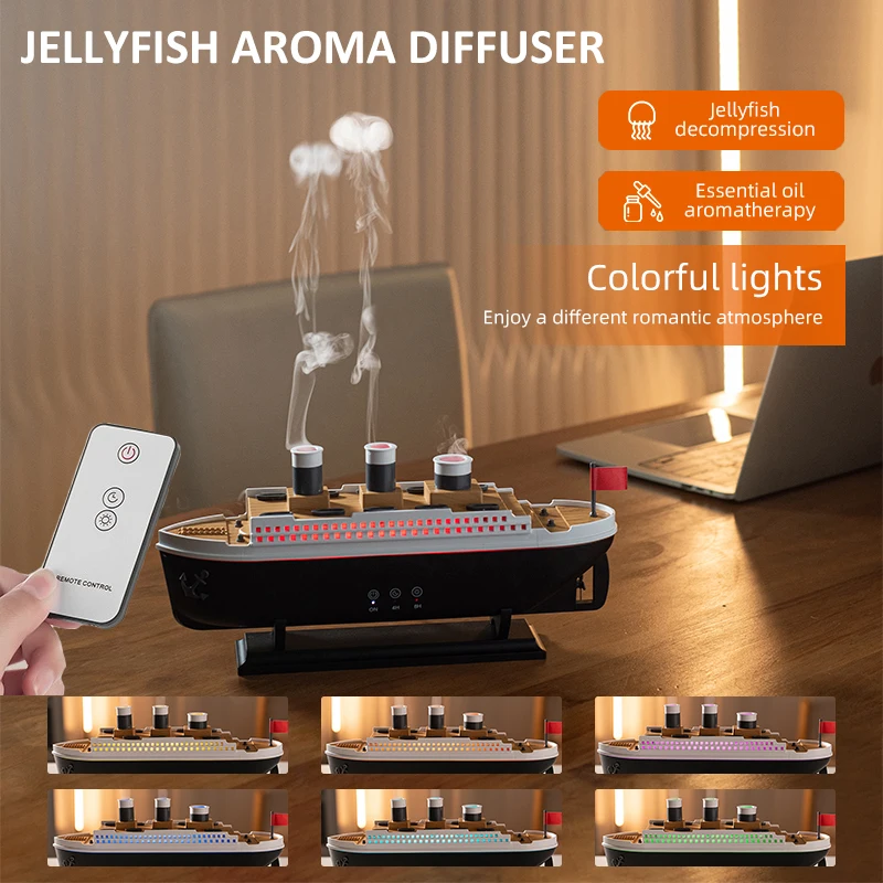 Luxury Ocean Liner Model Air Humidifier Essential Oil Aromatherapy Jellyfish Smoke Ring Spray Diffuser Cruise Ship Night Light