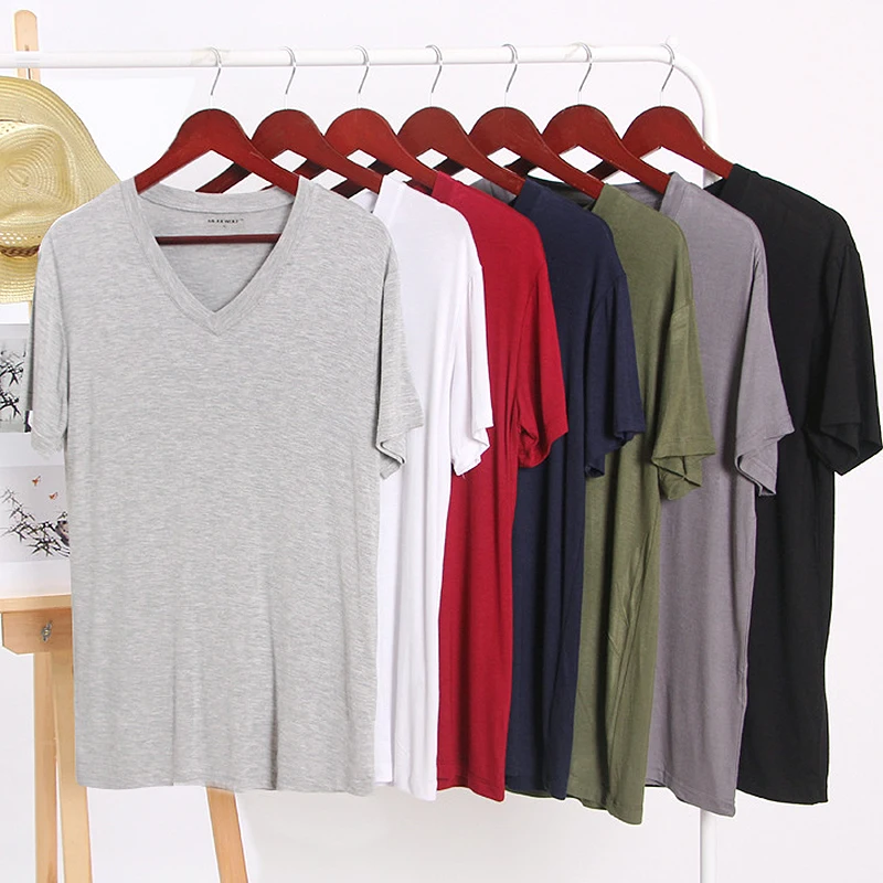 

Casual T-Shirt for Men's Solid Color V-Neck Short Sleeved Base Shirt Breathable and High Elasticity for Spring and Autumn pajama