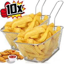 Mini Square Fry Basket Metal French Fries Chips Holder with Handle Desk Food Presentation Mesh Basket Kitchen Accessories Tools