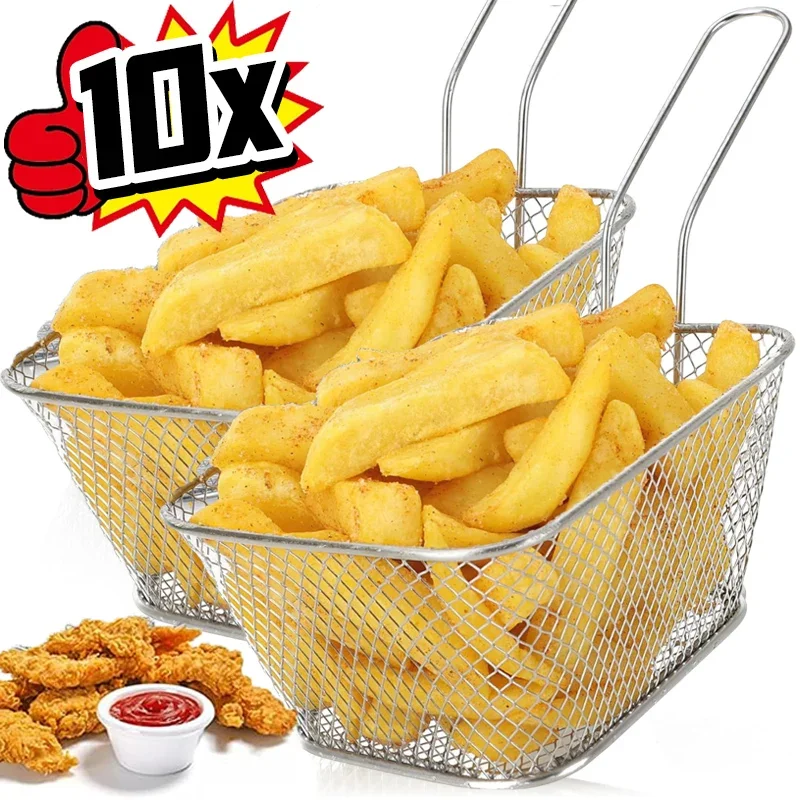 Mini Square Fry Basket Metal French Fries Chips Holder with Handle Desk Food Presentation Mesh Basket Kitchen Accessories Tools