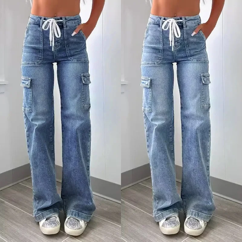 Spring Autumn Fashion Good Quality Vintage Blue Women's Dailywear Denim Pants with Multi Pocket Loose Casual Basic Female Jeans