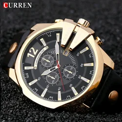 CURREN-Relógio de Mostrador Grande Masculino, Quartzo, Impermeável, Pulseira de Couro, Popular, Fashion, Casual, 30m, 8176