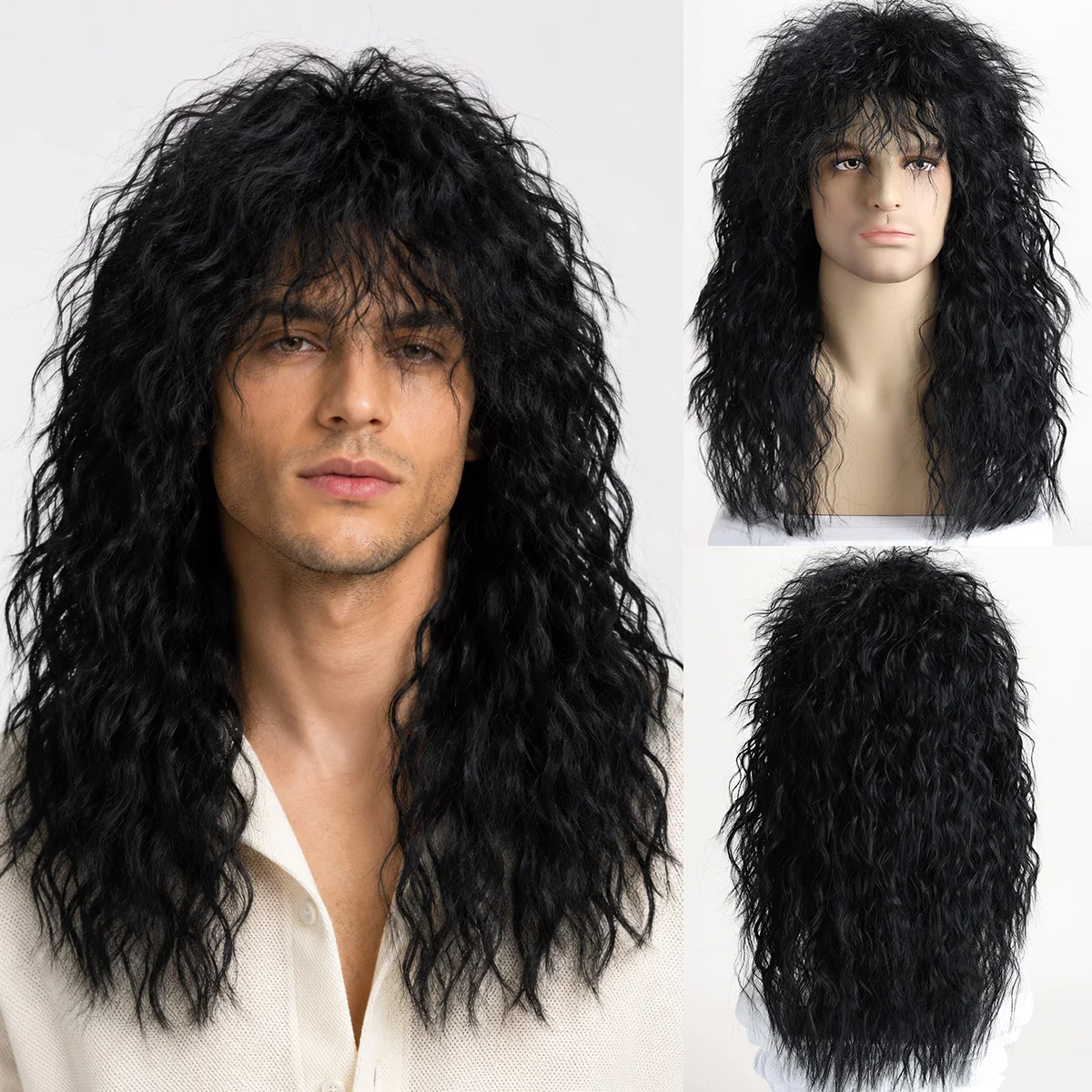 70S 80S Rock Punk Wig 22 Inch Men's Long Curly Synthetic Natural Look Halloween Cosplay Wig