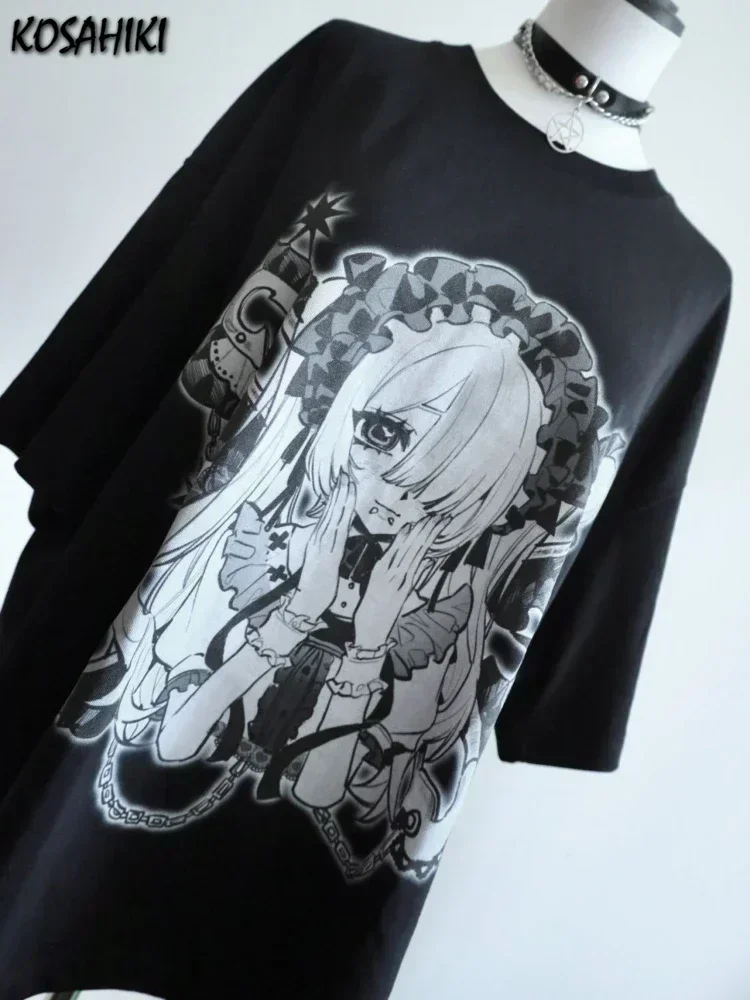 Japanese Cartoon Print Y2k T-shirts Women Harajuku Summer Casual Fairy Graphic Tshirt Vintage Tops Black Oversized Aesthetic Tee