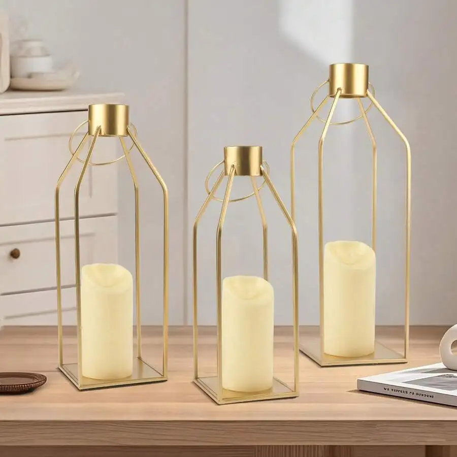 Set Of 3 Modern Farmhouse Lanterns - 22'/19'/16' Gold Metal Candle Holders For Indoor & Outdoor Decor, Rustic Fireplace Mantel &