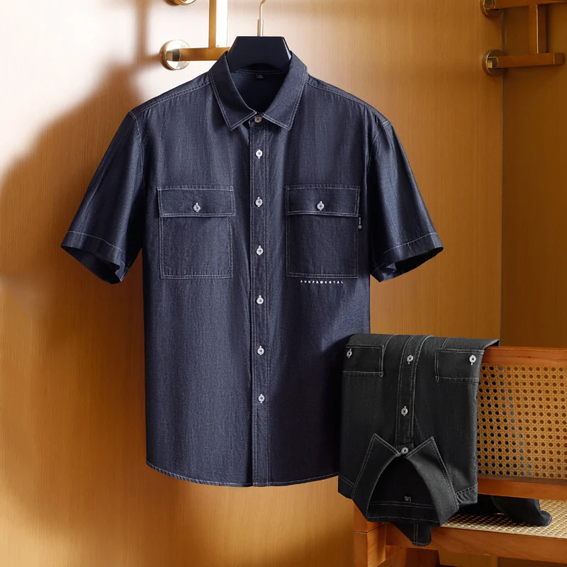 

Classic Blue Men's Denim Shirts American Western Short Sleeved Loose Man Jean Shirts 2025 New Business Casual Shirt Tops