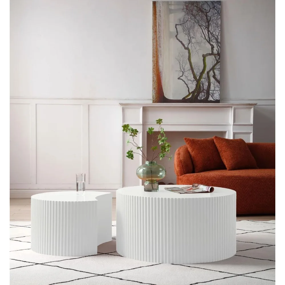 

31.5 Inch Nesting Table Set of 2 Round and Half Moon Shapes White Handcraft Coffee Table Set for Living Room Office