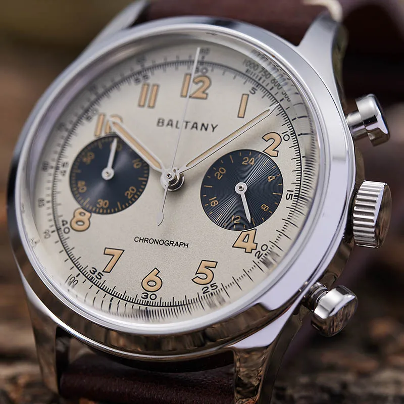 Baltany S5034 Quartz Chronograph Wristwatches 39mm Sapphire Crystal Panda Dial StainlessSteel Retro Super Luminous Vintage Watch