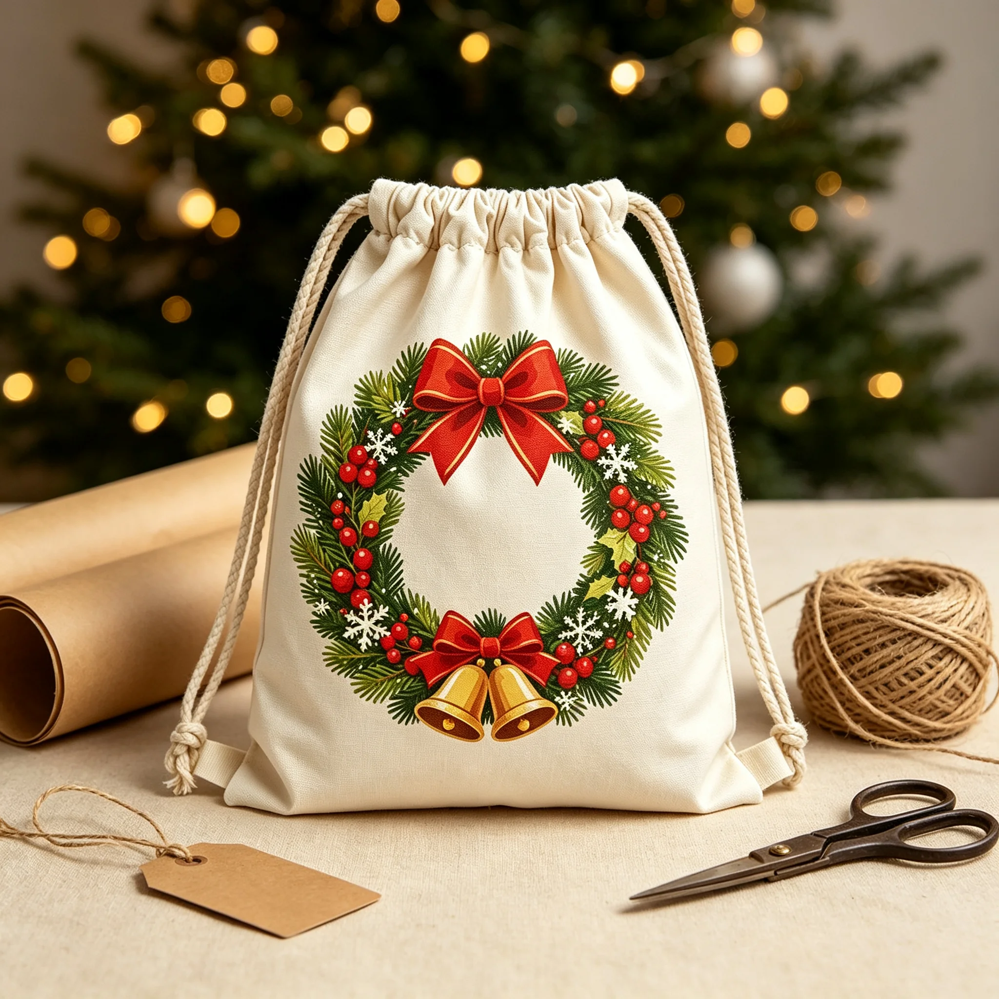 Christmas Wreath Drawstring Gift Bag Xmas Holly Wreath Print Sack Holiday Treat Pouch Xmas Party Favor Storage Bag For Xmas Gift