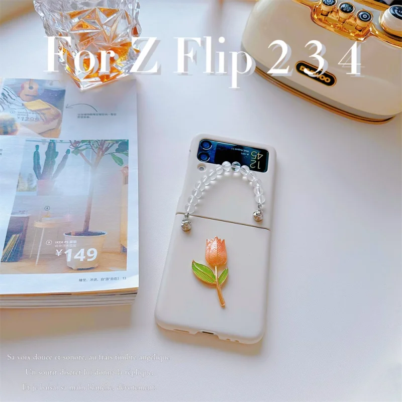 

Skin-friendly Cream Case for Samsung Galaxy Z Flip3 ZFlip4 Simple Tulip Flowers Ins Style Original Design Shell for ZFlip3 4 5g