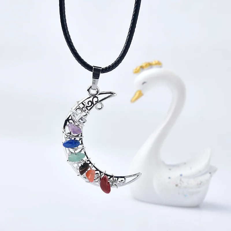 1 шт., 100% натуральный кристалл, семь чакр, кулон в форме Луны, рейки, полированные минеральные ювелирные изделия, лечебный камень для мужчин и женщин, Подарочная бижутерия