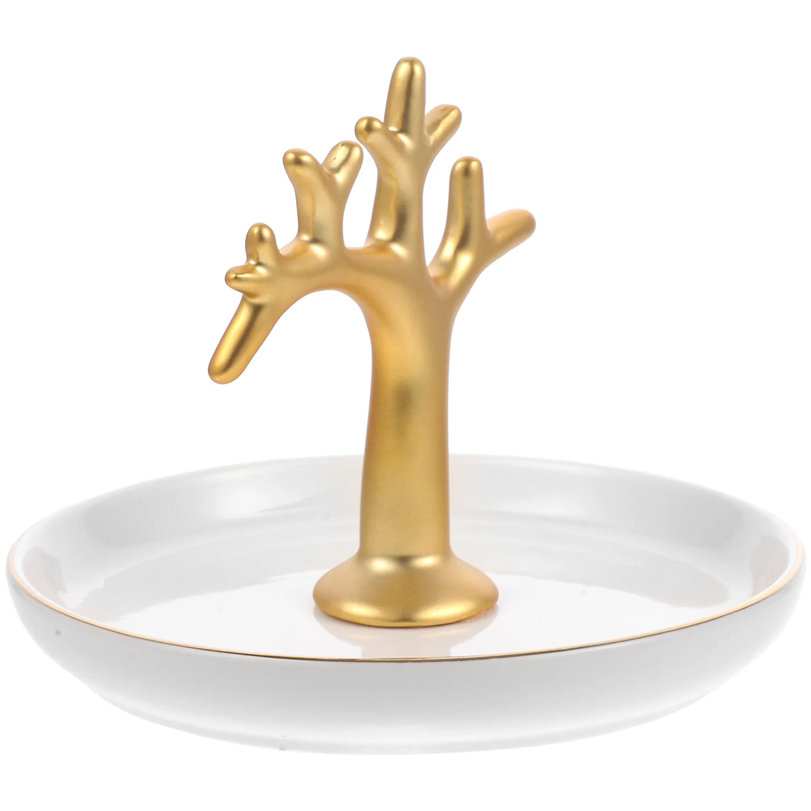 1pc Plated Ceramic Jewelry Plate Jewelry Tray Organizer Bird Branches Shape Ring Plate for Home (White + Golden)