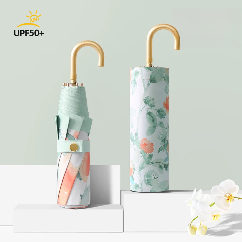 

Premium 8-Rib Curved Hook Folding Umbrella for Women UV Protection Dual-Use for Sun and Rain