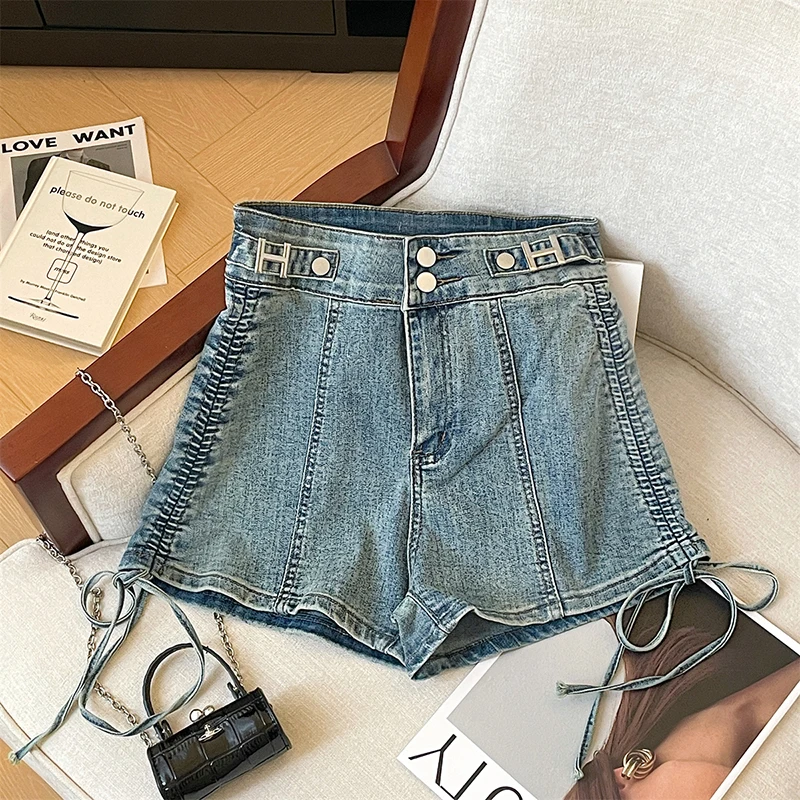 Drawstring Denim Shorts Classic Retro High Waist Blue Wide Leg Women Casual Summer Ladies Double Button Shorts