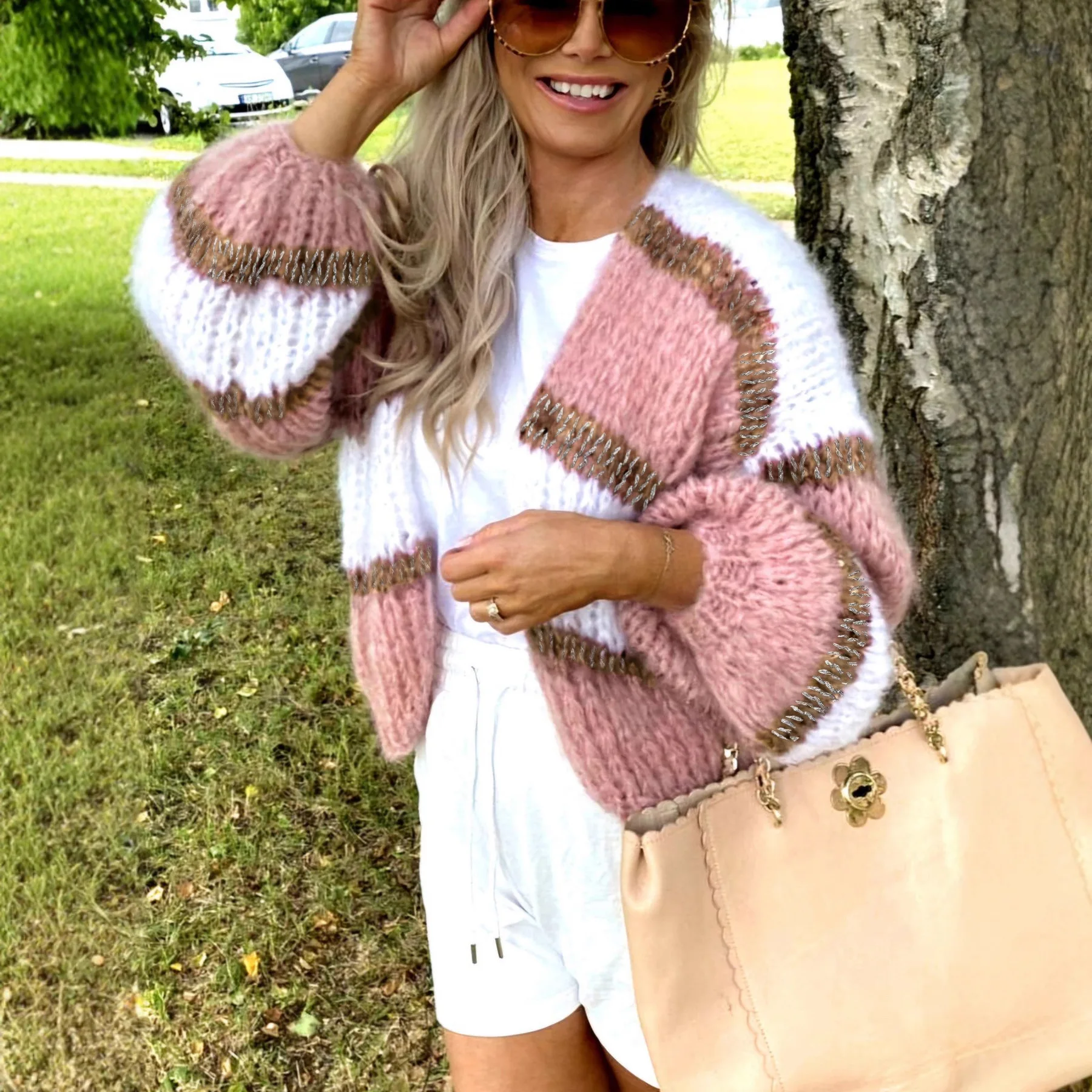 2025 Casual V-neck Ladies Knitted Cardigans Long Sleeve Loose Women Sweater Stripe Autumn Winter Knitwear Jackets