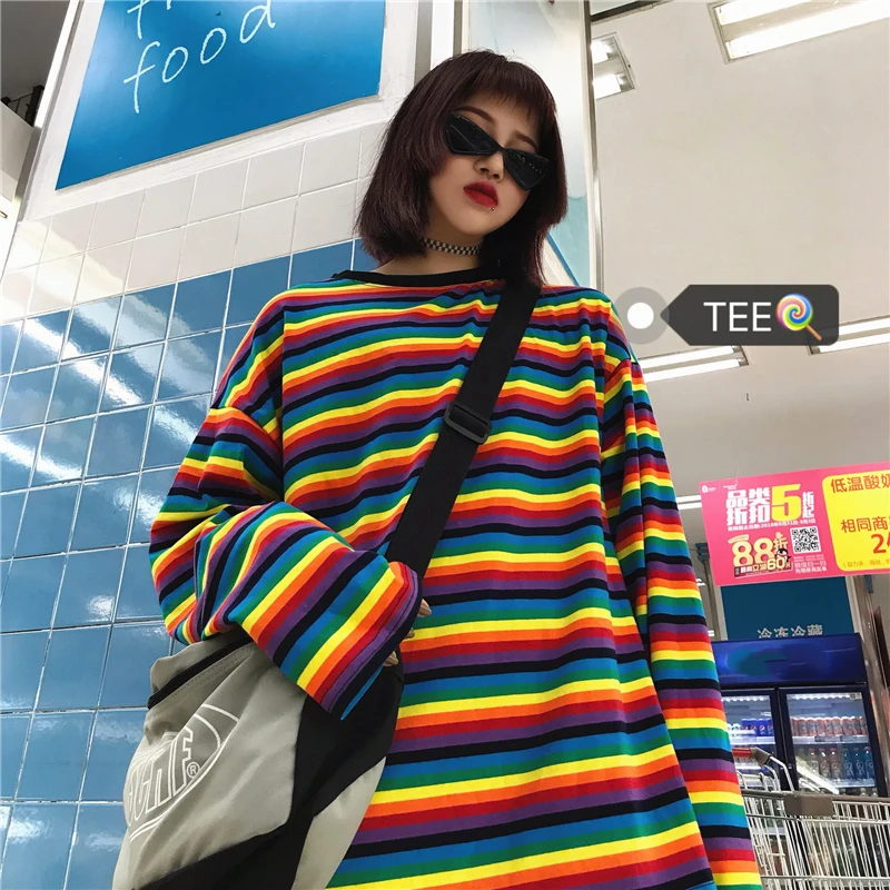 Woman T Shirt Rainbow Stripe Autumn Harajuku Shirt Long Sleeve Plus Size Tops