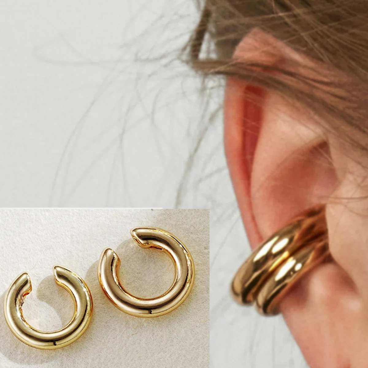 European and American fashion punk asymmetrical metal ear clip Double round ear clip Women's C-shaped ear clip earring jewelry