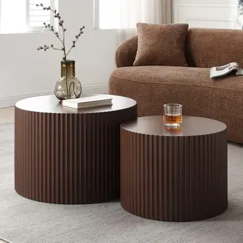 Image Nesting Coffee Table Set of 2,Matte Brown Round Wooden Coffee Tables, Modern Luxury Side Tables Accent End Table for Living Room