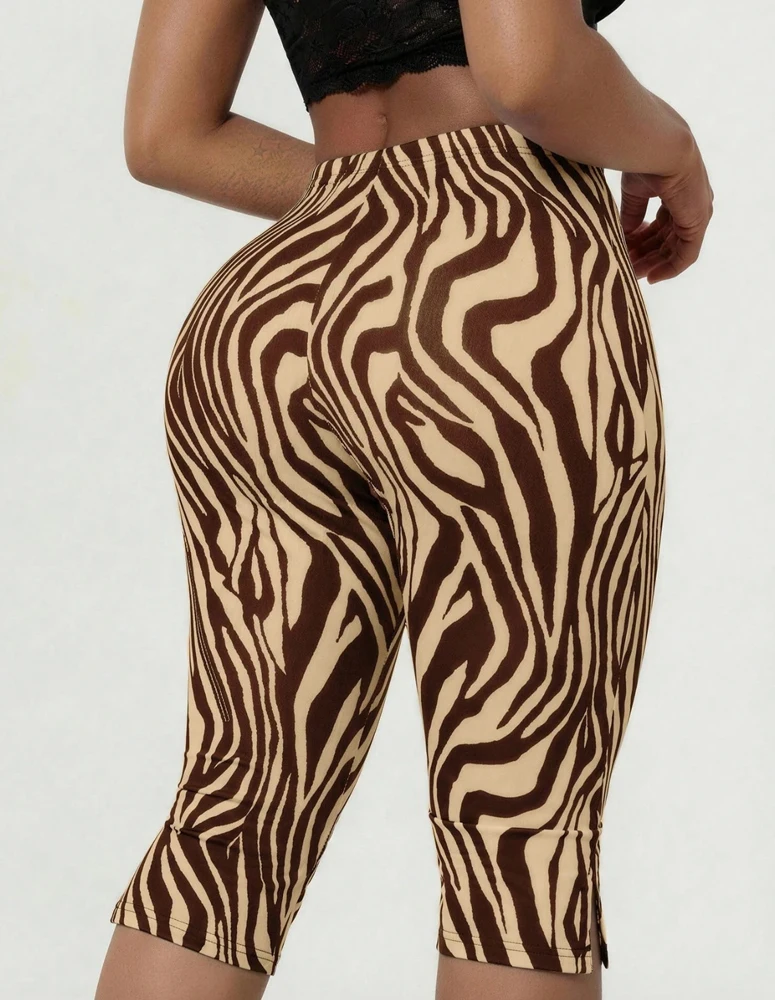 Damen Caprihose mit Zebramuster, hoher Taille, seitlichem Schlitz, enganliegend, kurz geschnitten, Y2K Bodycon Hose, Party- und Clubkleidung – Detail 6