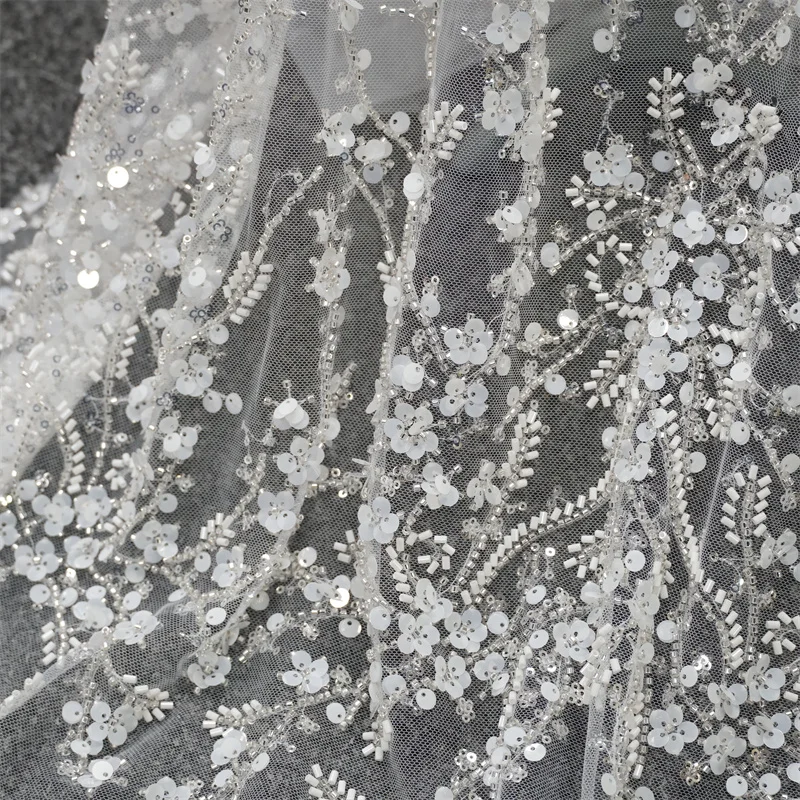 1 Yard Silver sequins Heavy Beading Bridal Mesh lace fabric, 3D petals Beading lace For Costume Design, Birthday Party Dress