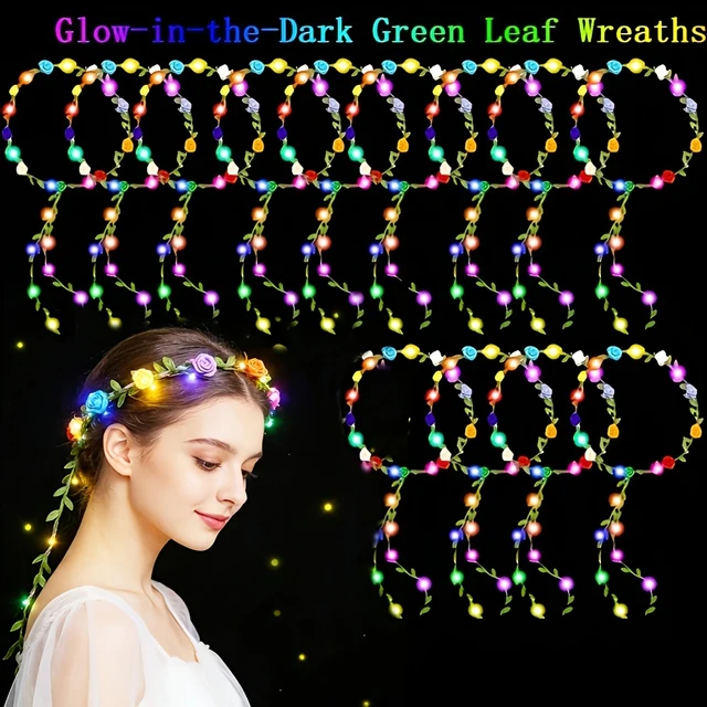 18Pcs LED Green Vines & Paper Flowers Women Costume Headpiece, for Beach Party, Wedding, Birthday Party, Holiday Celebration, Photography, Concert, Halloween, Christmas Cosplay 2