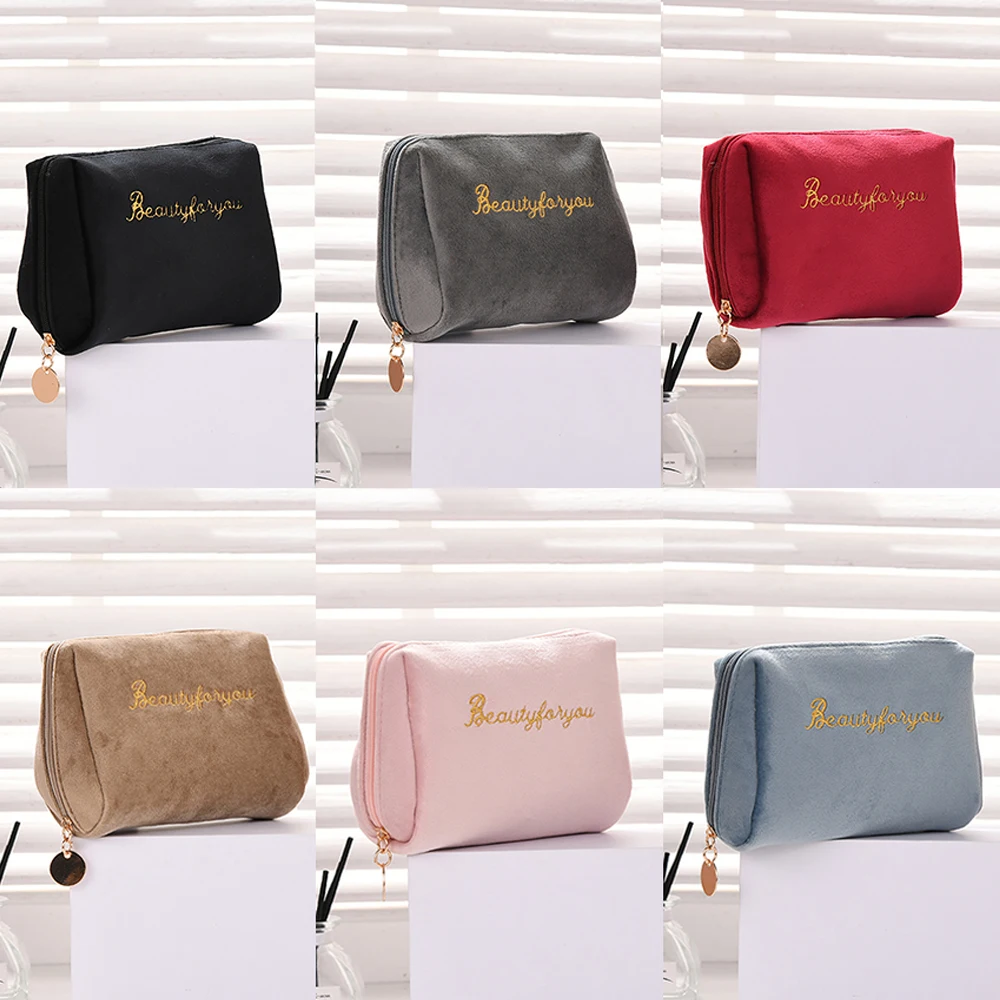 Women Simple Zipper Velvet Makeup Bags Cosmetic Bags Handbags Lipstick Pouch