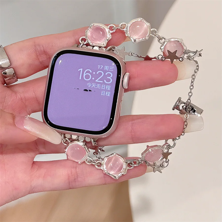 Pink Cat\'s Eye Stone Bracelet Beaded Strap Compatible with Apple Watch Series 9 8 7 6 5 4 3 2 1, Cute Women Handmade Beaded Stra