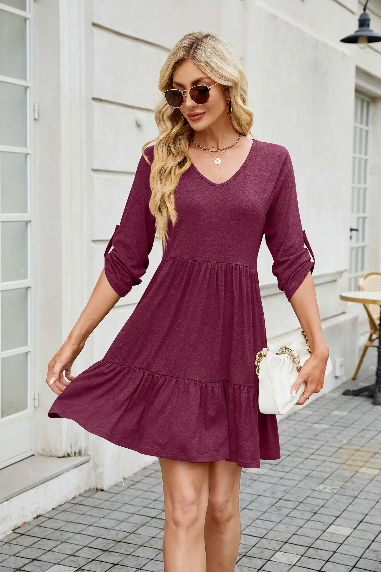 

Robe Femme Trendy 2025 Spring Summer Fashion 1/2 Sleeve V-neck Solid Color Casual Loose Women Ruffled Flounces Dresses Commuting