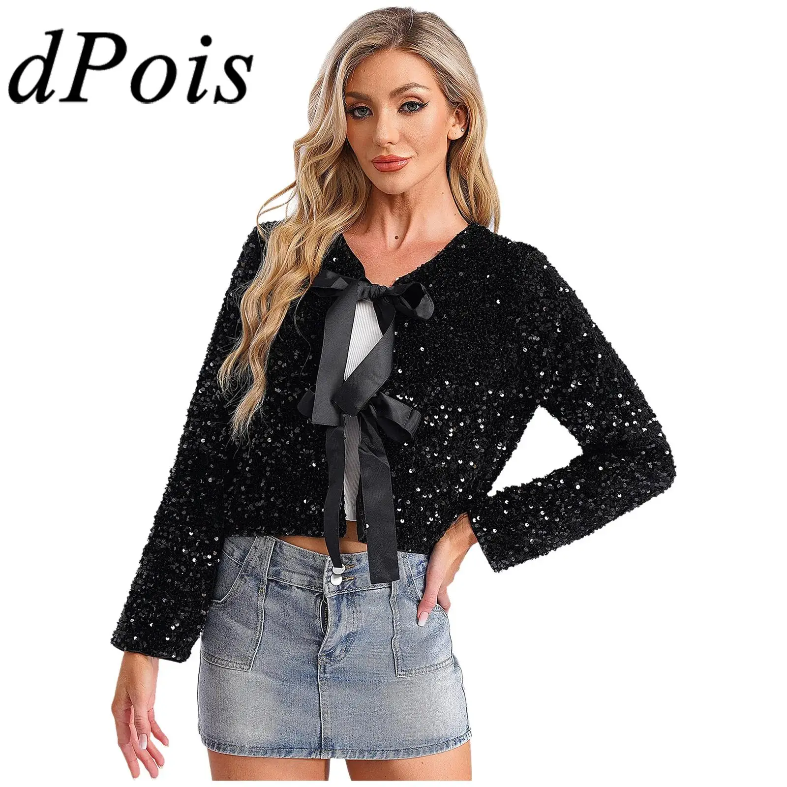 

Fashion Women Bolero Glittery Sequin Jacket Long Sleeve Coat Outerwear with Self-tied Straps Shrug for Evening Party Costume
